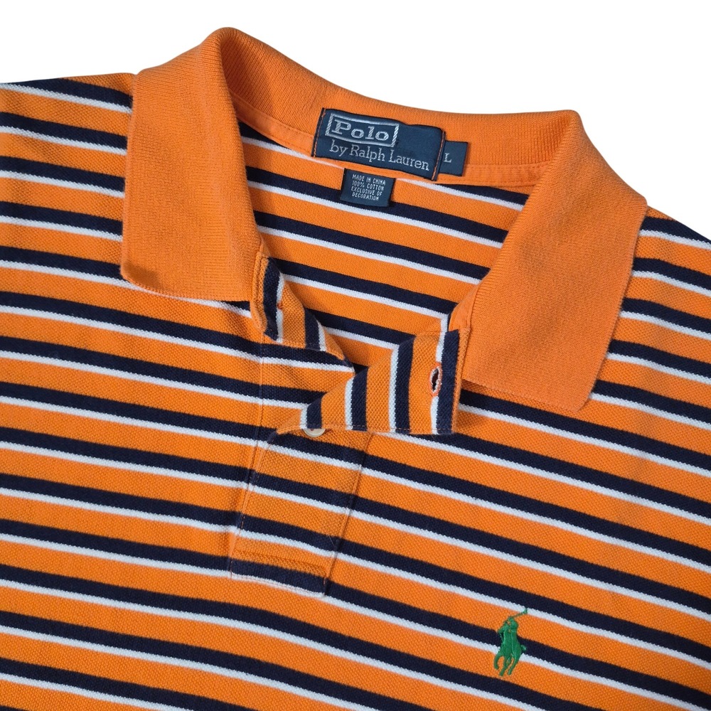 Polo Ralph Lauren Polo Shirt Mens Large Orange Striped Short‎ Sleeve Pique Pony
